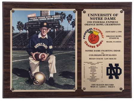 1990 University of Notre Dame Federal Express Orange Bowl Champions Plaque (Holtz LOA)